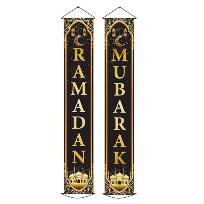 Black Gold Ramadan Mubarak Door Banner – Elegant Ramadan Decorations (30x180 cm)