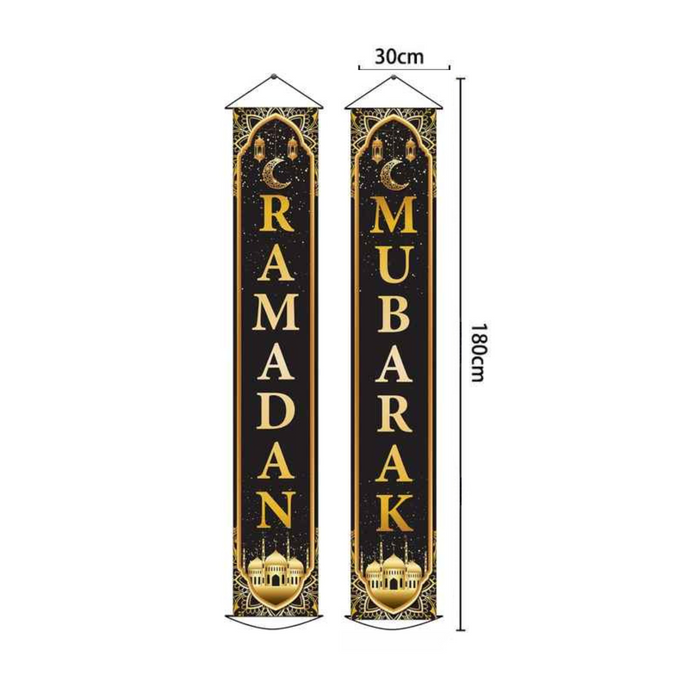 Black Gold Ramadan Mubarak Door Banner – Elegant Ramadan Decorations (30x180 cm)