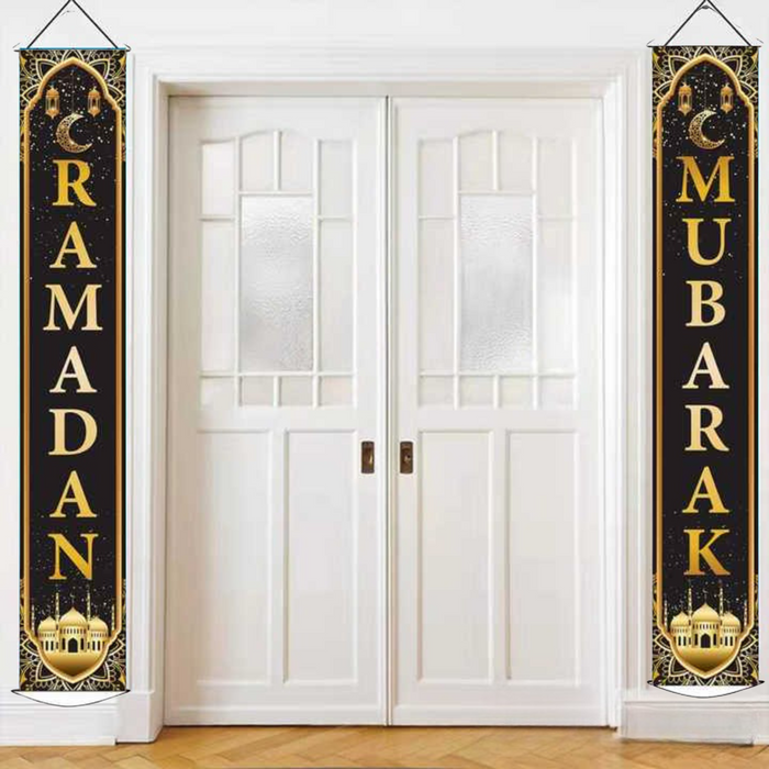 Black Gold Ramadan Mubarak Door Banner – Elegant Ramadan Decorations (30x180 cm)