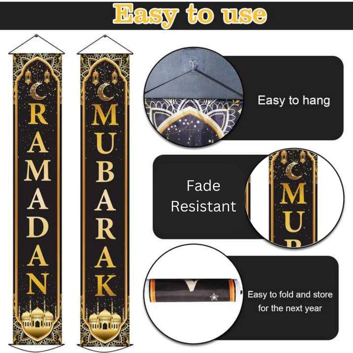 Black Gold Ramadan Mubarak Door Banner – Elegant Ramadan Decorations (30x180 cm)